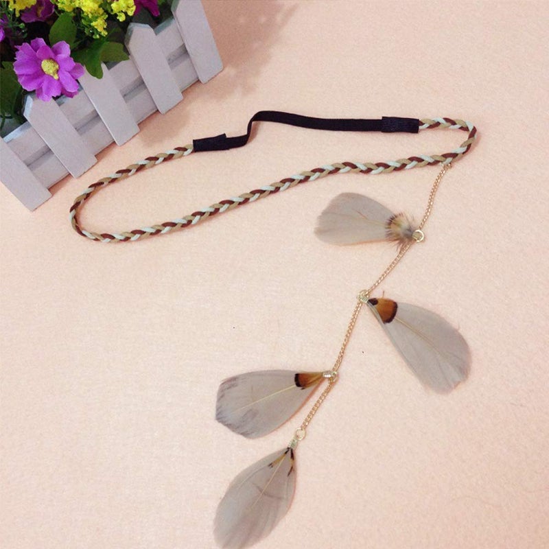 WLBON Feather Headband Hippie Indian Boho Hair Bands Tassel Bohemian Halloween Hair Hoop Women Crown Hairband Party Decoration Headdress Cosplay Costume Headwear Headpiece Handmade Hair Accessories Khaki - Image 5